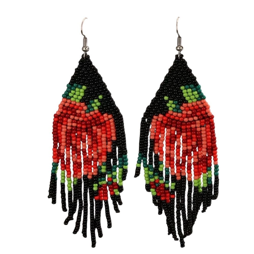 805. The Rose Handcrafted Beaded Earrings - Black and Red Floral Design